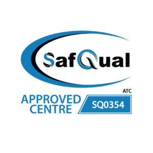 SafQual Approved Centre logo with blue arc surrounding bold 'SafQual' text and an SQ0354 badge.
