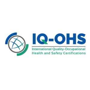 IQ-OHS logo featuring a globe with blue and teal arcs and the text 'International Quality-Occupational Health and Safety Certifications'