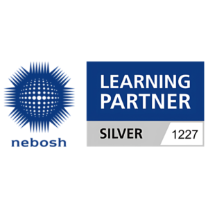 Nebosh logo with blue starburst emblem on the left and a blue 'Learning Partner' Silver badge with number 1227 on the right