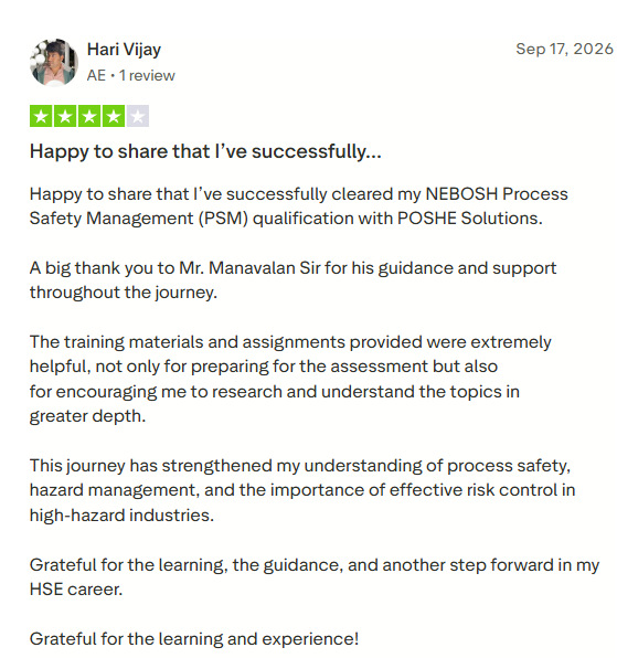 Testimonial by Hari Vijay on Sep 17, 2026 with profile photo and 4/5 star rating; praising NEBOSH PSM training from POSHE Solutions.