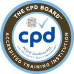 Circular CPD badge with blue 'cpd' logo, a checkmark, and a small QR code; brown ring reads 'The CPD Board' and 'Accredited Training Institution'